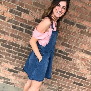 Denim overall dress with pockets!